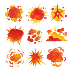 Explosions set, fire explosion effect watercolor vector Illustrations