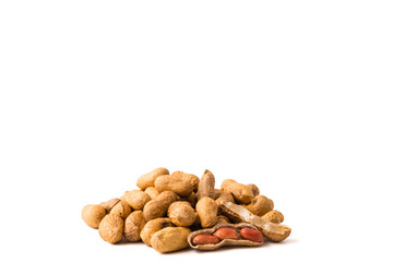 Peanuts on white background. Free space for text