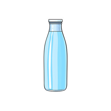 Vector cartoon glass bottle of fresh cold water. Isolated illustration on a white background. Soft drink, refreshing beverage image.