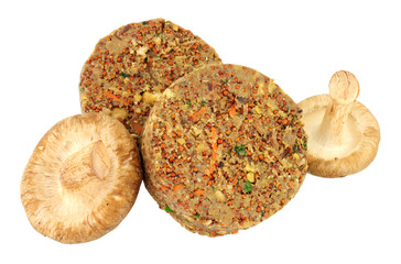 Raw vegetarian mushroom burgers isolated on a white background