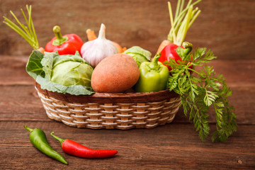 Fresh vegetables in a basket on a wooden background. Cabbage, bell pepper, potatoes, garlic, onion, chili and carrots. Harvest. Thanksgiving Day. Space for text.