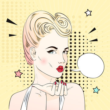 Pop art surprised blonde woman with retro hairstyle sends an air kiss. Comic woman with speech bubble. Vector illustration.