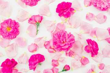 Floral pattern made of pink roses and petals isolated on white background. Flat lay, top view