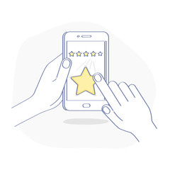 Customer Feedback, Rating review Evaluation or Quality Rating. Hand clicking customer reviews with four stars on mobile phone screen. Isolated vector.