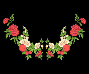 Embroidery for the collar line. Floral ornament in vintage style