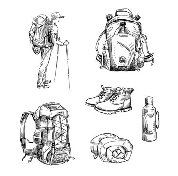 Hiking and camping. Set of drawings