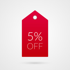 5 percent off shopping tag vector icon. Five red and white isolated discount symbol. Illustration sign for sale, advertisement, marketing project, business, retail, wholesale, shop, store, finance