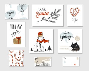 Collection of different hand made vector abstract Merry Christmas greeting card set with polar bear,candy canes,Christmas tree brunch,black funny cat,gift boxes and modern Xmas calligraphy phases