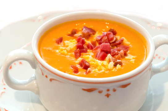 Salmorejo typical andalusian cold soup of tomato served in a bowl