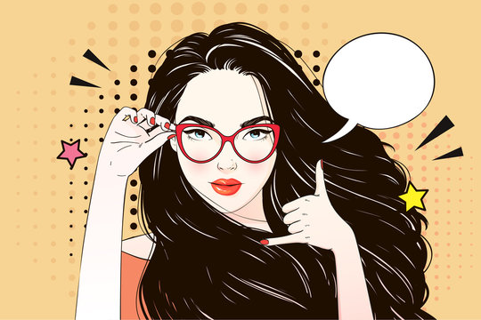 Comic Pop art long hair woman requests to call and holds her glasses. Vector illustration.