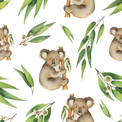 Watercolor vector seamless pattern with eucalyptus leaves and Koala isolated on white background. © ElenaMedvedeva