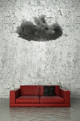 Wolke regnet über Sofa als Wasserschaden Konzept