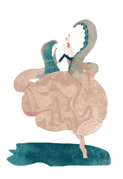 Man in stress on giant brain with octopus arms