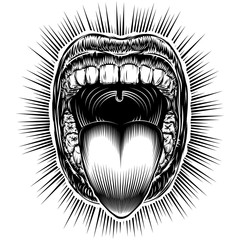 Open mouth with teeth and sticking tongue out. Screaming shouting yawning mouth with jaw drop. Vector illustration in vintage ink hand drawing black and white retro style for stamp, tattoo, print.