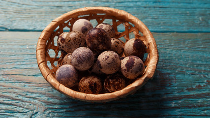 Image of blue table with quail eggs