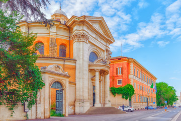 Fototapeta premium Beautiful landscape urban and historical view of the Rome, street, people, tourists on it, urban life of the Eternal City.