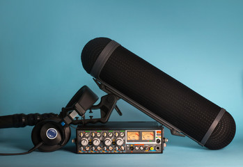 equipment for field audio recording on blue background
