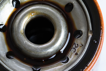 old used motor oil filter close up shot.