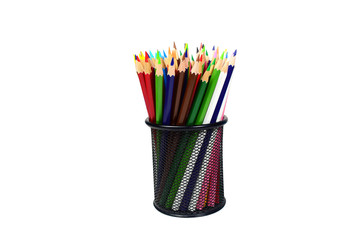 color pencils in black case on white background isolated