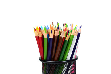 color pencils in black case on white background isolated