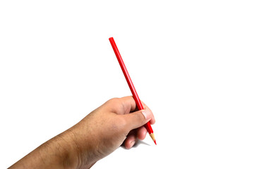 a hand holding  color pencil on white background isolated