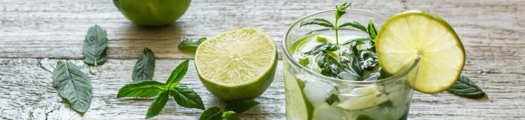 Crédence de cuisine en verre imprimé Cuisine Bannière de cocktail Mojito au citron vert et menthe en verre highball sur fond de bois blanc