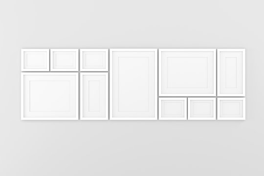 Blank picture frame templates hanging on the living room wall, 3D render