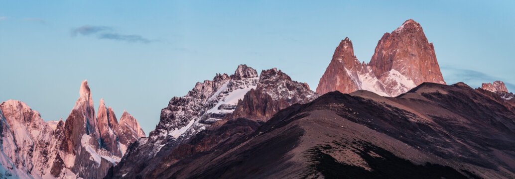 Sunset panorama of Cerro Torre and Fitz Roy mountain ranges Los Glaciares National Park, Patagonia, Argentina