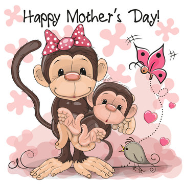 Greeting card Two Monkeys a mother and a baby