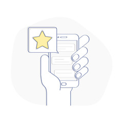 Star - user rating, bookmark and evaluation icon in the bubble over mobile phone. Social media concept of user opinion, review, feedback. Flat line vector illustration, UX / UI element for web design