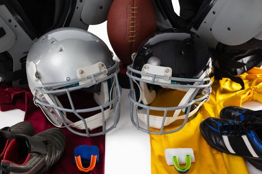 High angle view of chest protector with American ball and sports