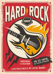 Fototapeta premium Rock music concert retro pamphlet with electric guitar and flame