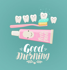 Good morning banner. Brushing Teeth, hygiene, toothpaste, toothbrush concept. Cartoon vector illustration