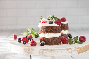 Chocolate cake decorated with raspberry, black currant, wipped cream and mint.