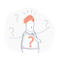 Cartoon character in doubt, he wonders, has problems and surrounded by question marks. Support, help and FAQ illustration concept. Flat line UX / UI element for web and mobile design.