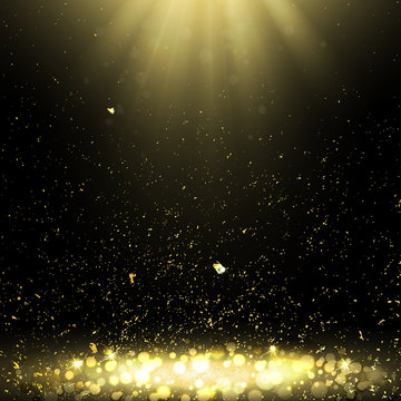 Background with Golden Confetti and Rays of Light