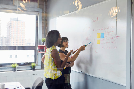 Two women in office, solving problem, using whiteboard, sticky notes stuck on whiteboard