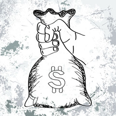 Hand holding money bag vector with line art sketch style with grunge background.