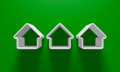 3D Illustration - 3 White house silhouettes with light above on green background