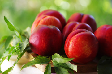 a group of ripe peaches on table