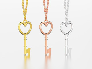 3D illustration three yellow, rose and white gold decorative keys in the form of a heart necklace on chain with reflection and shadow