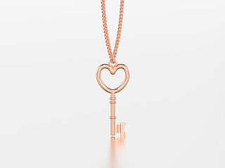 3D illustration rose gold decorative key in the form of a heart necklace on chain with reflection and shadow