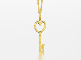3D illustration yellow gold decorative key in the form of a heart necklace on chain with reflection and shadow on a grey background