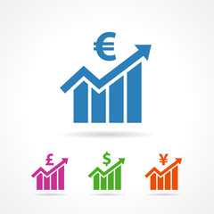 Financial growth icon euro, pound, yen, dollar sign flat. Financial business colored progress arrow up and sign euro, pound, yen, dollar icon vector template