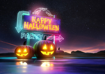 Halloween party background design with glowing signs and pumpkins. 3D illustration. © James Thew