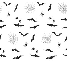 Halloween seamless pattern design with bat, scary eyes, web, spider.