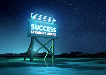 A neon glowing road sign of success. Conceptual background, mixed media illustration. © James Thew