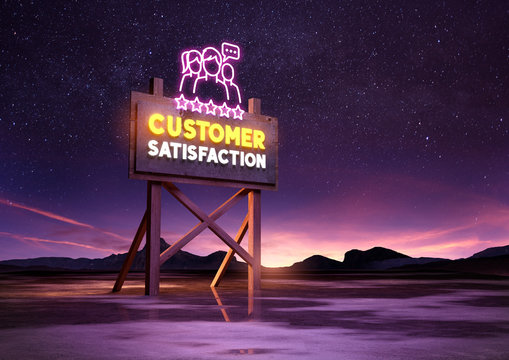 Customer Satisfaction Neon Road Sign Glowing At Night. Mixed Media Illustration