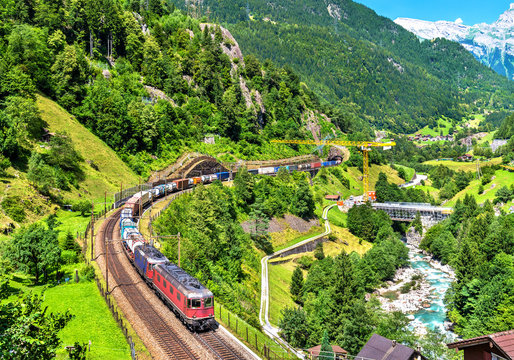 Freight train climbs up the Gotthard railway - Switzerland