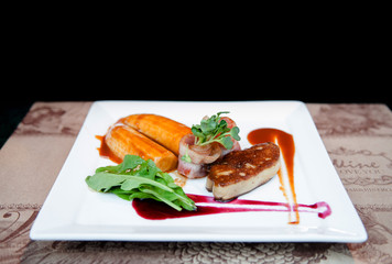 Foie Gras with bacon cranberry sauce and caramelized banana